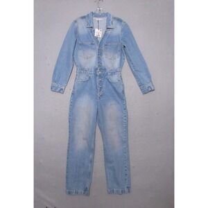 Zara Jumpsuit Women Medium Jean Denim Fade Wide Leg Utility Military Button‎ NWT